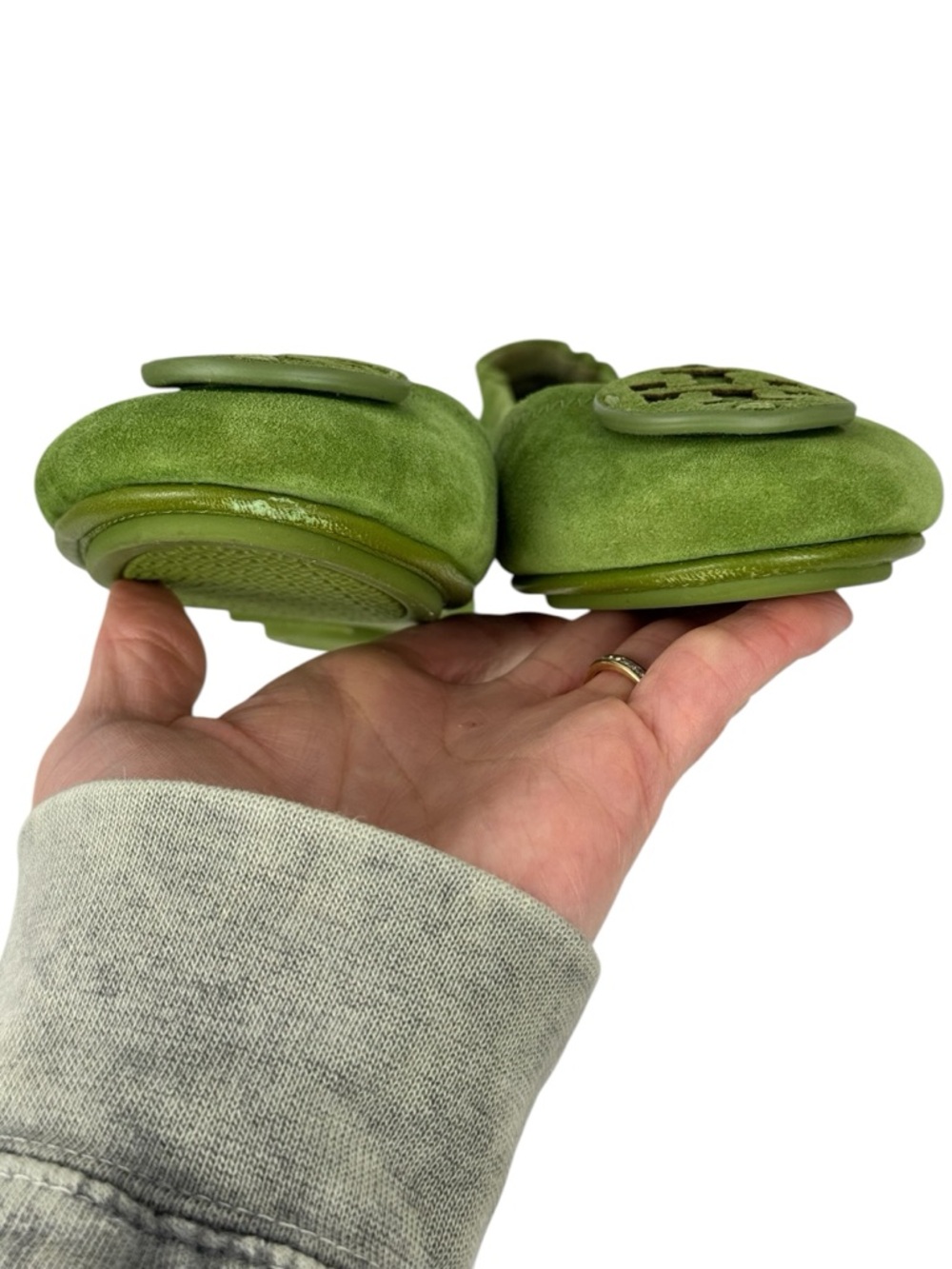 Tory Burch Minnie Travel Ballet Flats Green Suede Tonal Logo Size 7 Leather logo - Picture 9 of 15
